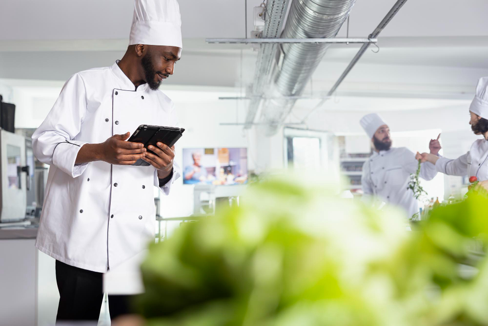 Chef utilizando um notebook para acompanhar informações da gestão do restaurante.